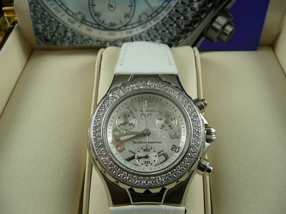 FS: NIB TECHNOMARINE Lady Techno Diamond Chrono in Steel with White Alligator Strap