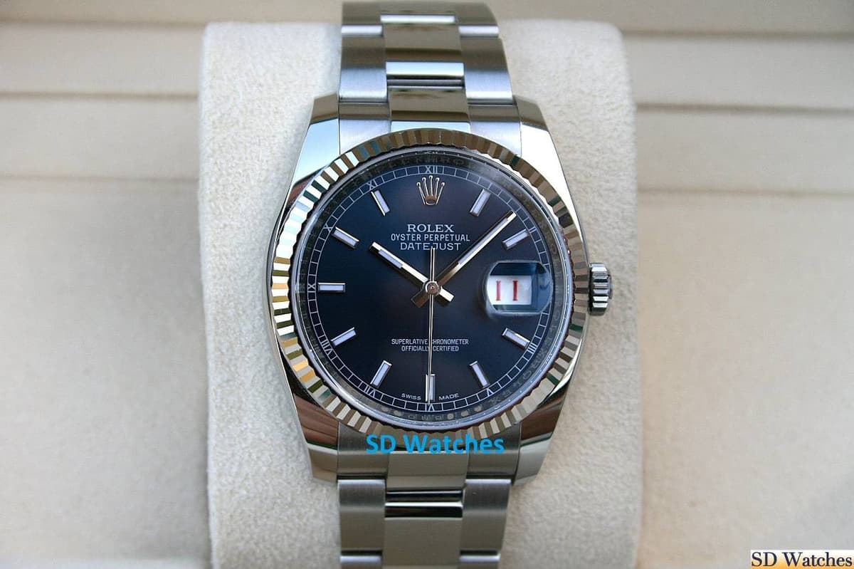 FS: Rolex 116234 Datejust Watch Blue Marker Fluted Bezel Oyster