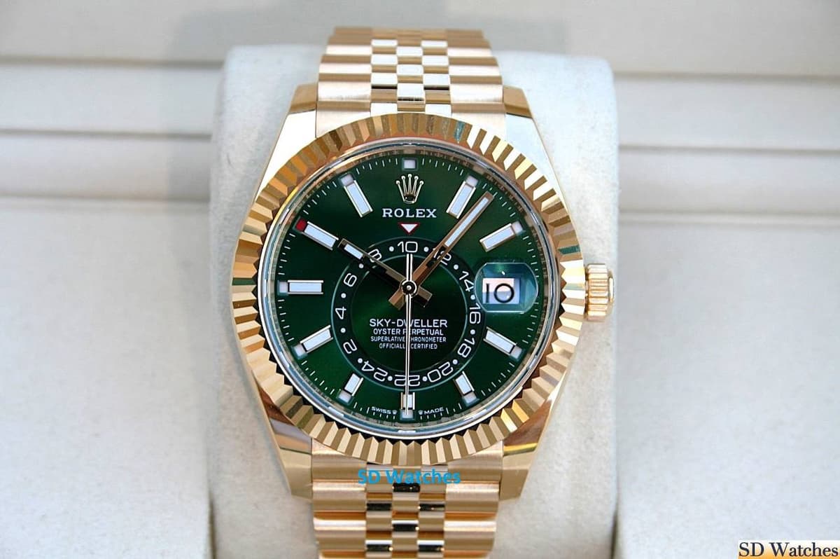FS: ROLEX 336938 SKY-DWELLER YELLOW GOLD GREEN DIAL JUBILEE NIB